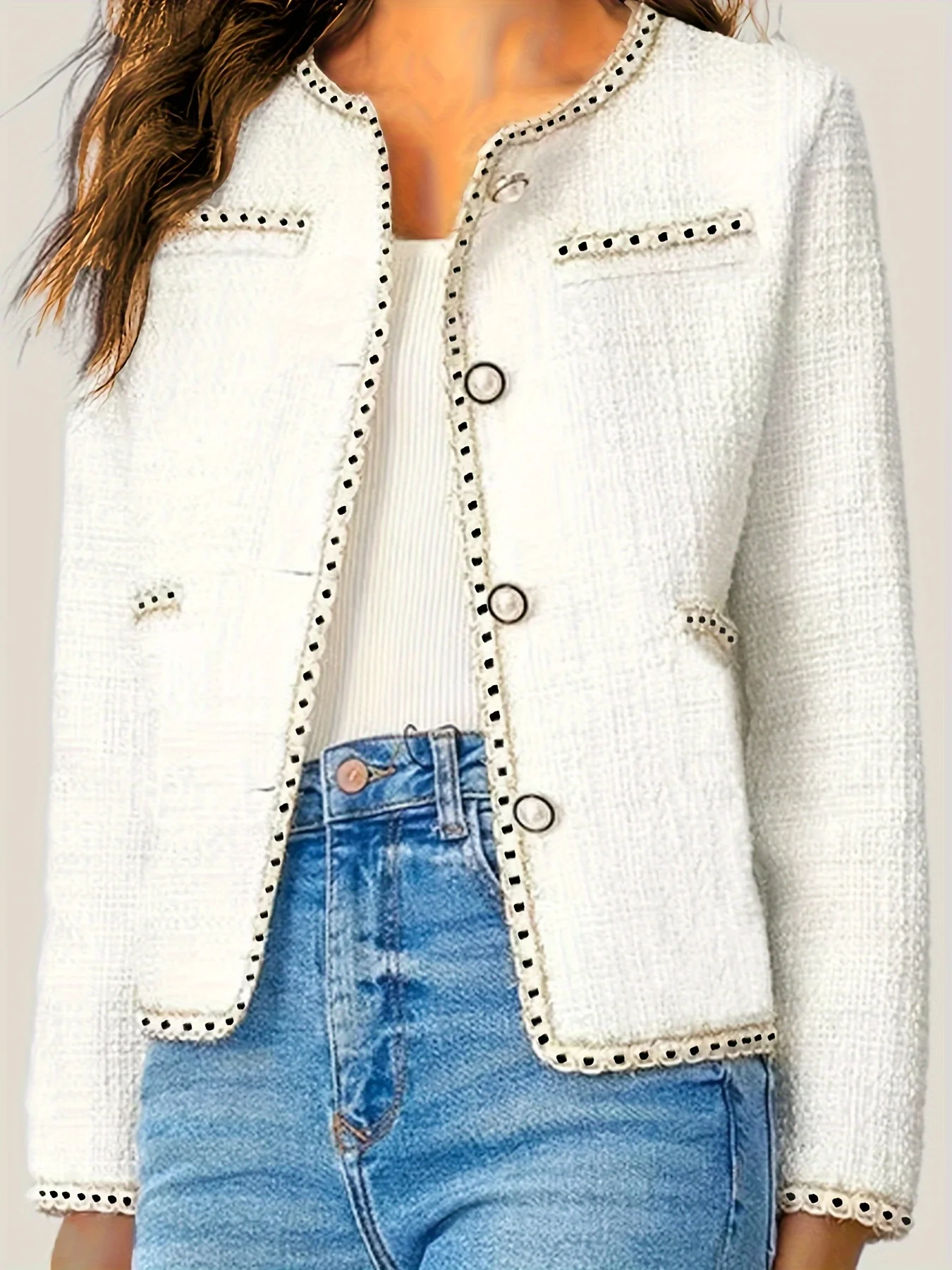 Contrast Trim Button Front Jacket, Casual Crew Neck Long Sleeve Outerwear, Women's Clothing - Deanwangkt