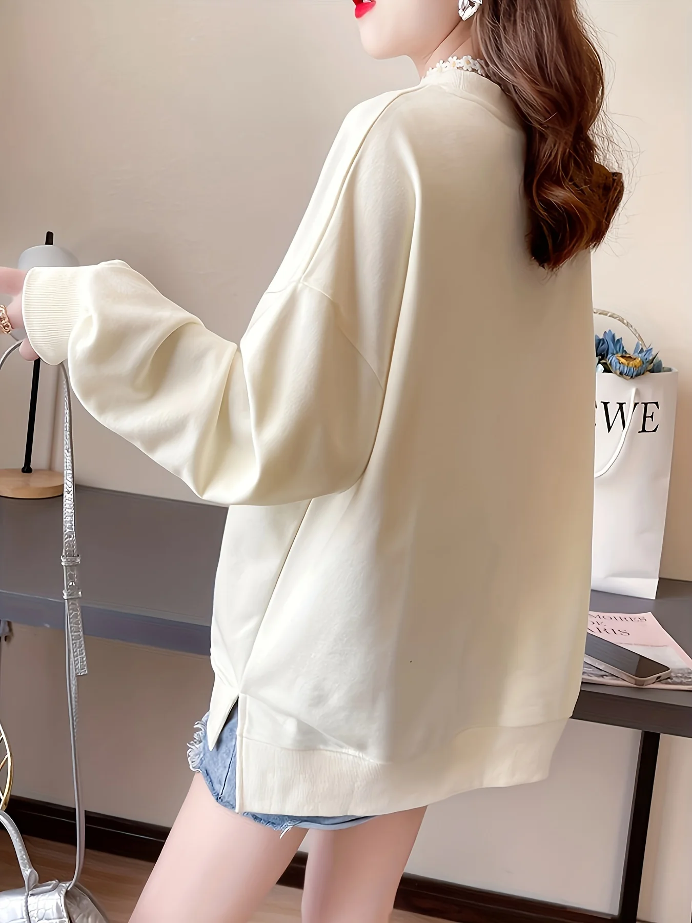 deanwangkt-1 Frog Button Folding Fan Sweatshirt, Casual Long Sleeve Crew Neck Sweatshirt For Fall & Winter, Women's Clothing - Deanwangkt