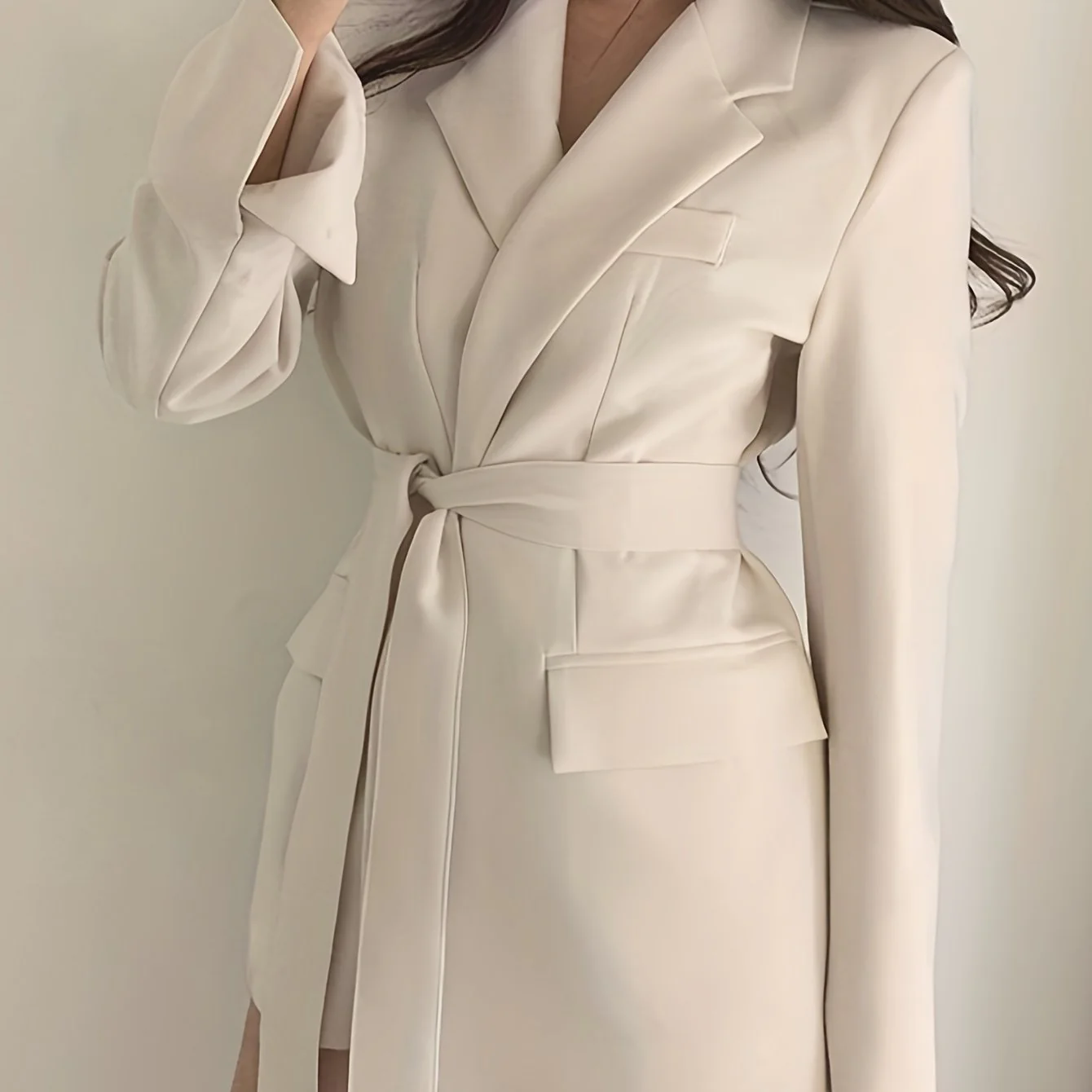 Solid Lapel Belted Blazer, Elegant Long Sleeve Blazer For Spring & Fall, Women's Clothing - Deanwangkt
