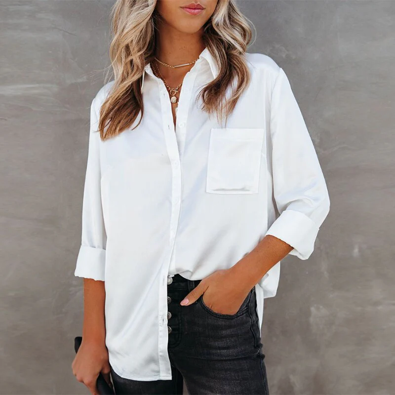 deanwangkt Fashion Satin Shirt for Women Casual Long Sleeve Shirt Office Tops White Summer Blouses Loose Female Clothing 24918 - Deanwangkt