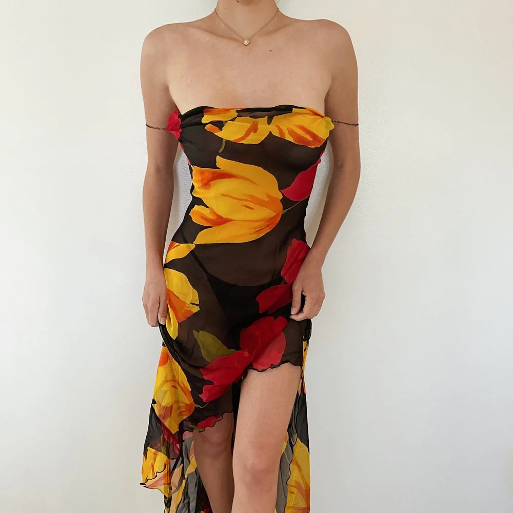 Joskka Chiffon Print Backless Women Summer Dress Spaghetti Strap See Through Dress Female Slim Vacation Outside Beachwear - Deanwangkt