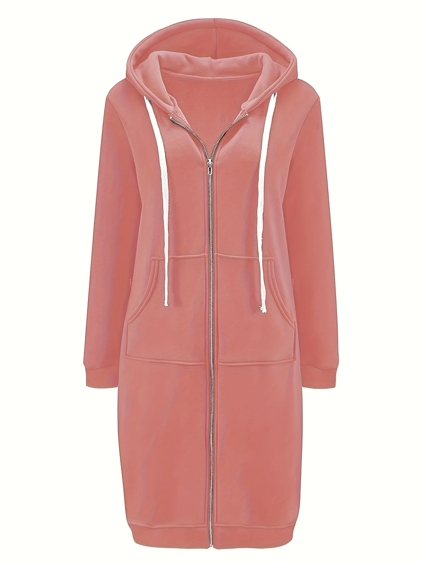 deanwangkt-1  Solid Zip Up Knee Length Hoodie, Casual Long Sleeve Slant Pockets Drawstring Hoodies Outerwear, Women's Clothing - Deanwangkt