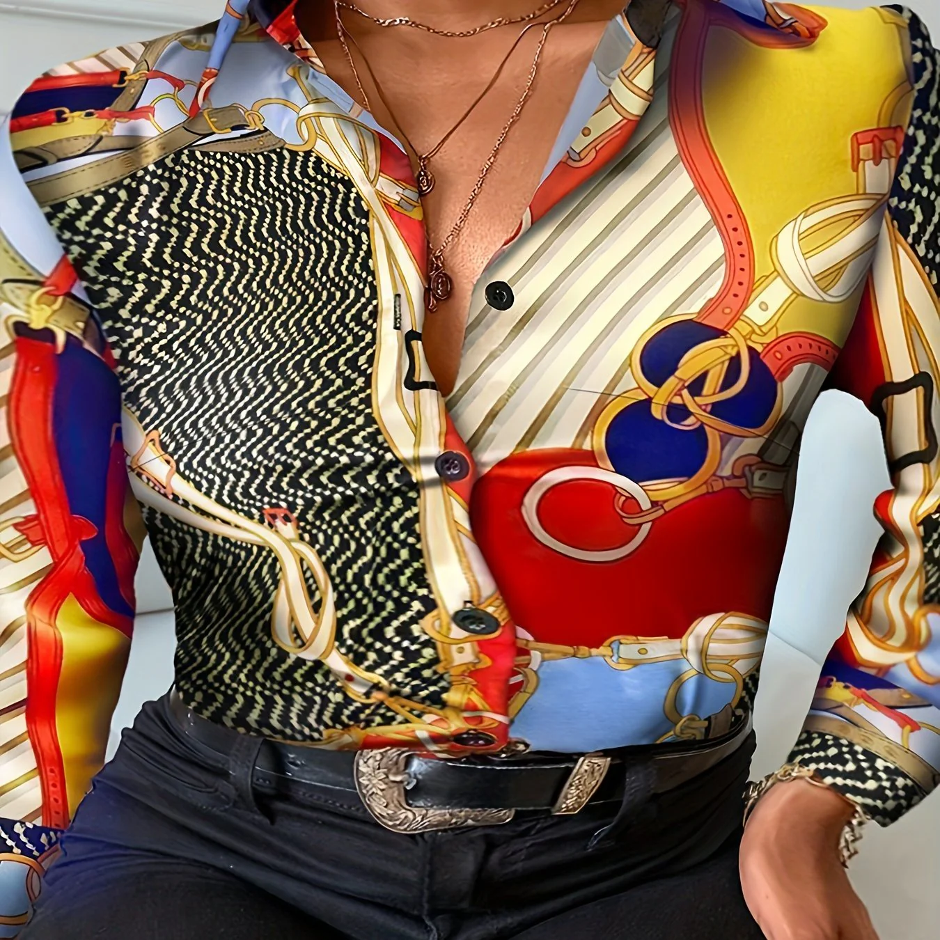 Plus Size Casual Blouse, Women's Plus Colorblock Chain Print Long Sleeve Button Up Shirt - Deanwangkt