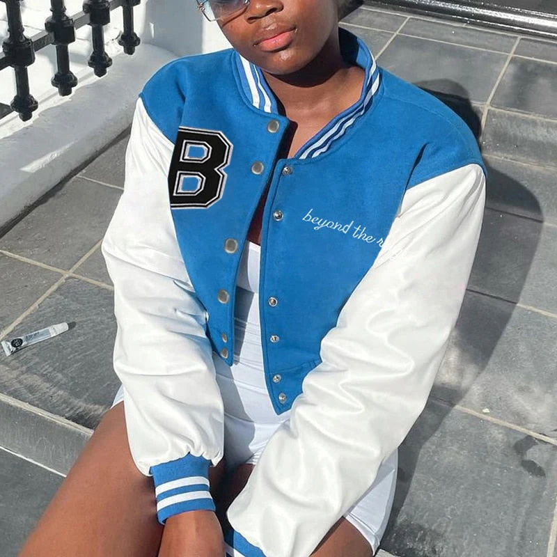 deanwangkt Patchwork Crop Jacket Varsity Women Autumn Winter Casual Oversized Y2k Fashion Baseball Coat - Deanwangkt