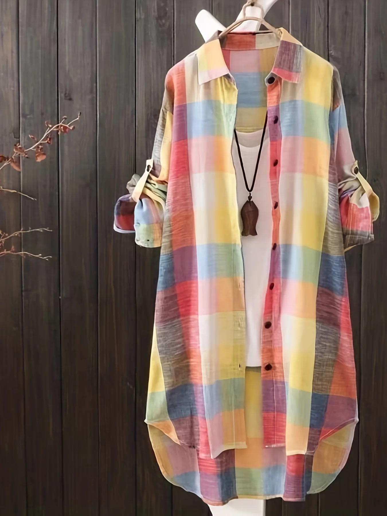 deanwangkt Plaid Print Dipped Hem Shirt, Casual Mid Length Button Front Turn Down Collar Long Sleeve Shirt, Women's Clothing - Deanwangkt