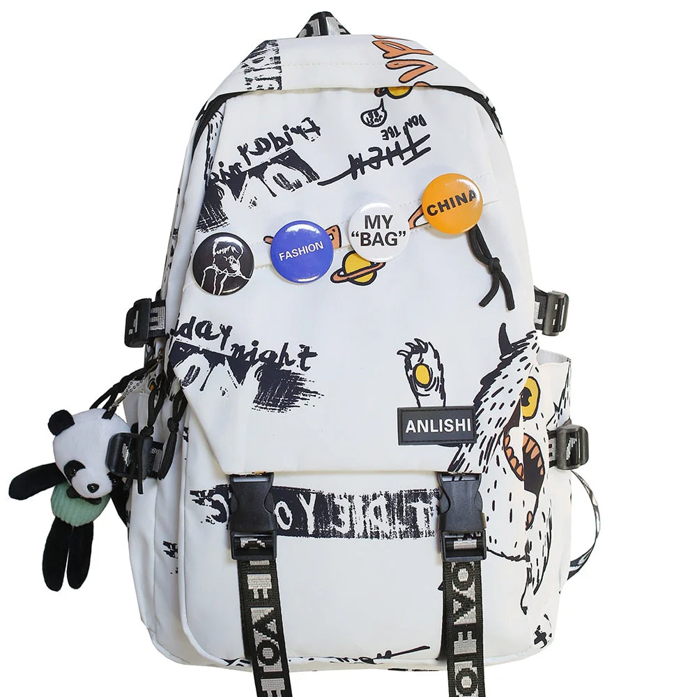 Cool Women Men Graffiti Pattern Trendy Backpack Lady Travel Badge Backpack Harajuku Bag Female Male College Girl Boy Student Bag - Deanwangkt