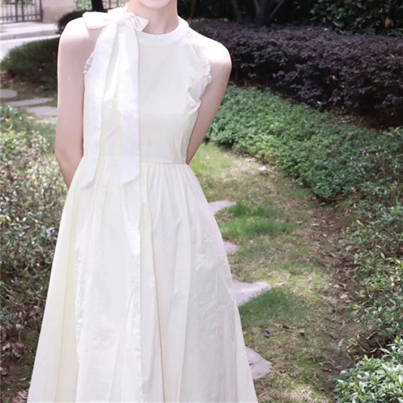 Joskka  New Lace Up Bow Chic High Waist Fairycore Sweet Korean Fashion Elegant Lady Vintage Women Spring Summer Long Dresses - Deanwangkt