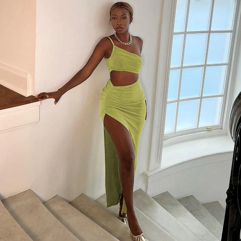 Joskaa Women's Summer Hollow Out Side Bra One Shoulder Backless Irregular Slit Cutout Maxi Party Beach Dress - Deanwangkt