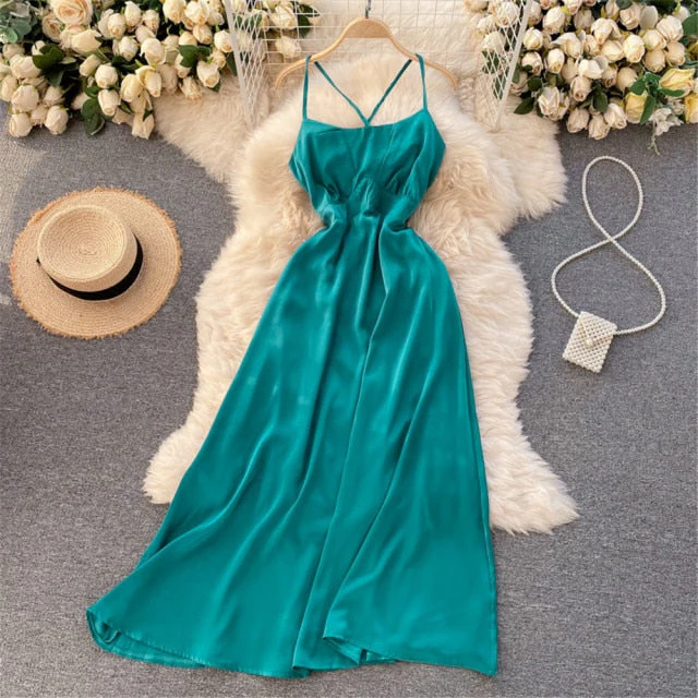 Women Sexy Satin Evening Dress Summer Off Shoulder High Waist Party Long Dresses Female Elegant Beach Robe Vestidos - Deanwangkt
