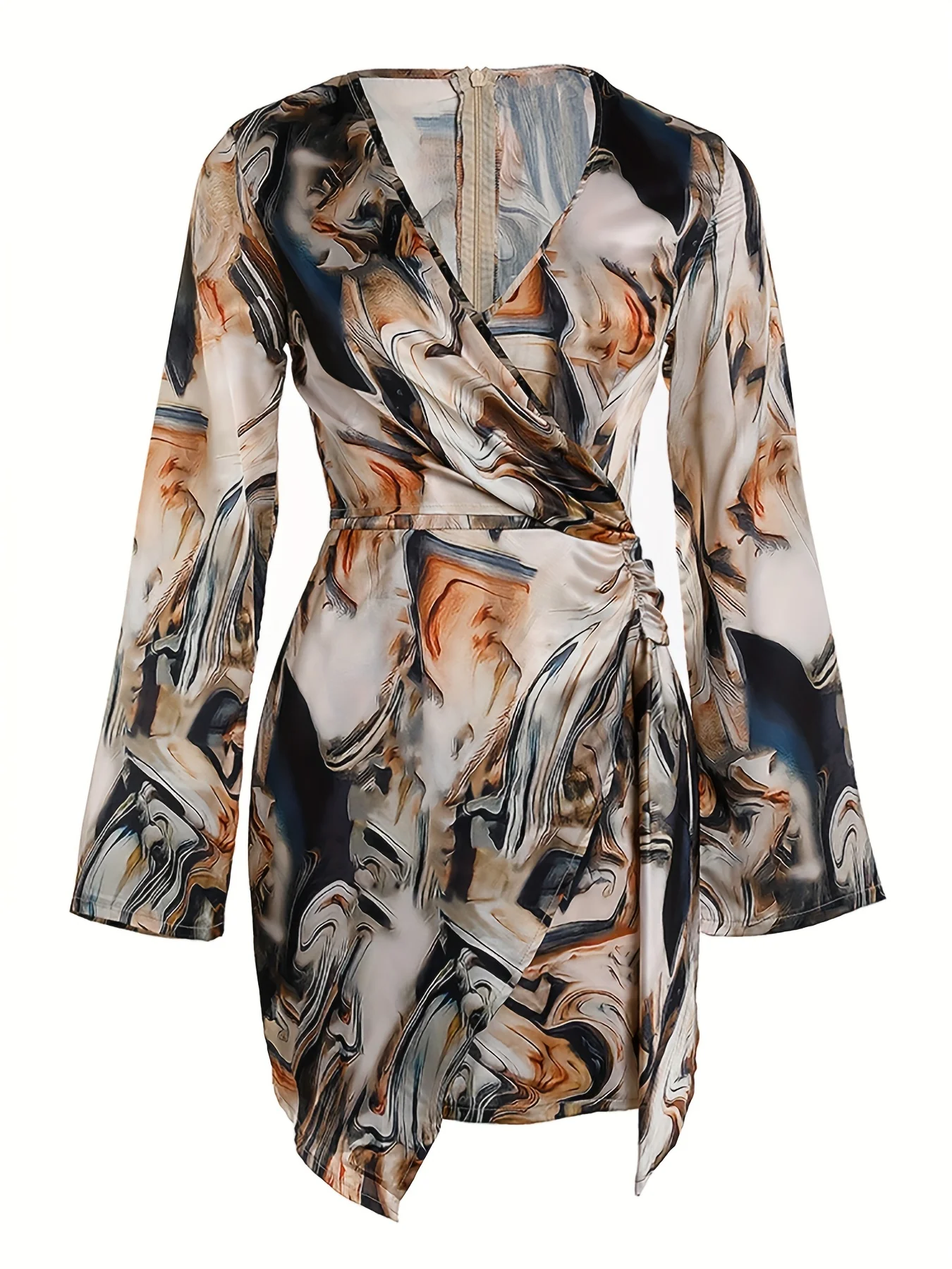 Abstract Print Long Sleeve Wrap Dress, Elegant Surplice Neck Dress For Spring & Summer, Women's Clothing - Deanwangkt