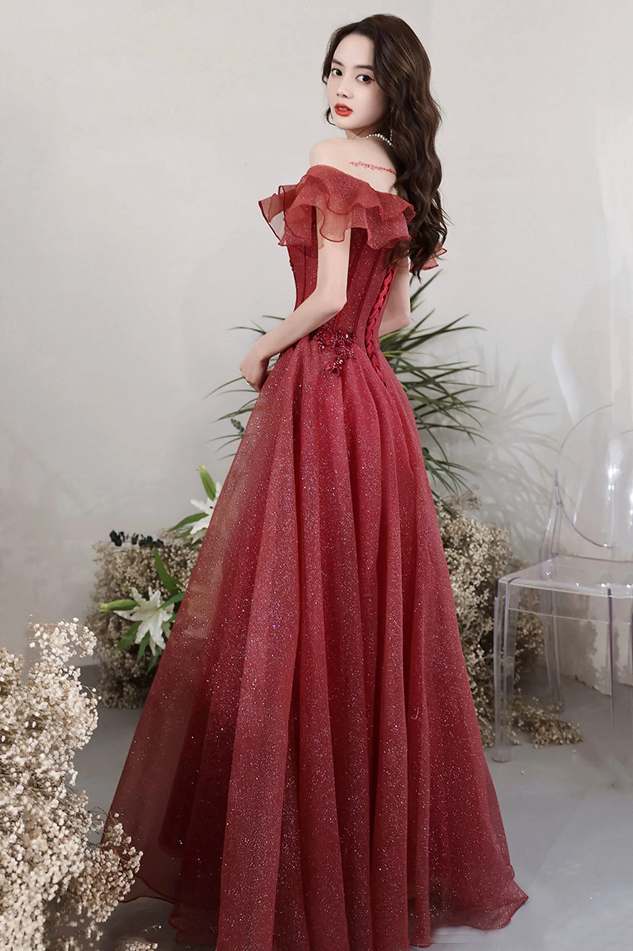 solvbao Burgundy Off the Shoulder Tulle Long Formal Dresses, A-Line Evening Dresses - Deanwangkt
