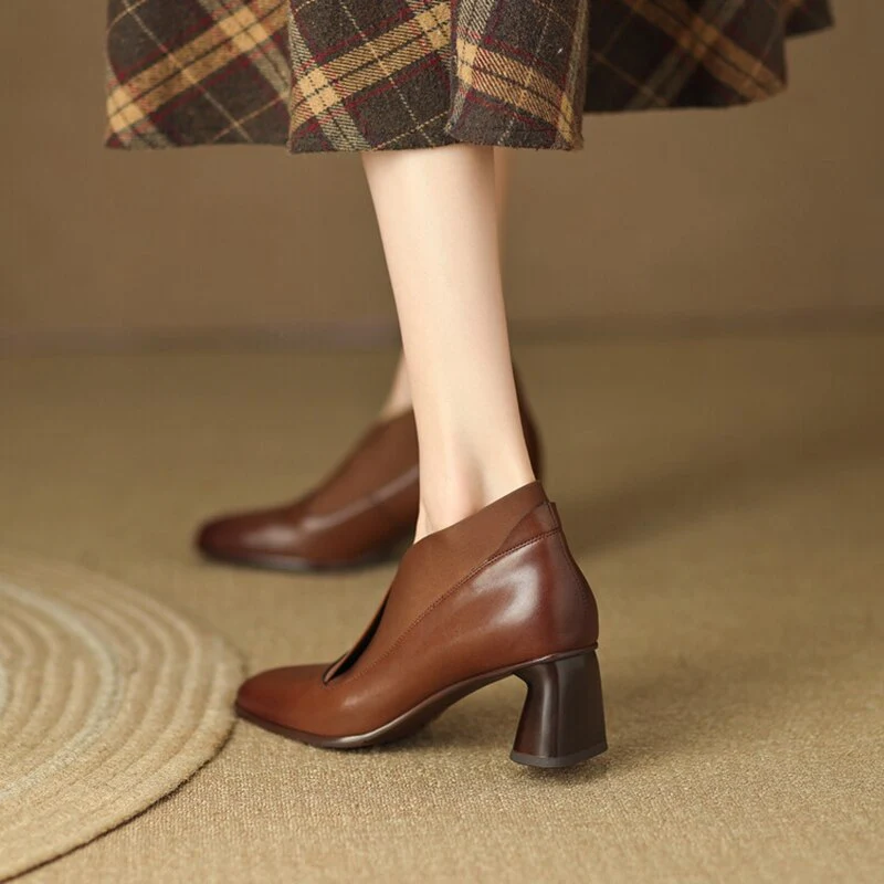 deanwangkt Autumn Boots   NEW Women Boots Square Toe High Heel Shoes for Women Split leather Shoes Women Chunky Heel Black Boots Autumn Solid Boots - Deanwangkt