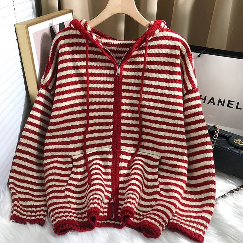deanwangkt Autumn Winter Red Stripes Hooded Knit Cardigan Woman Korean Fashion Loose Casual Sweater Zipper Coat Oversized Long Sleeve Top - Deanwangkt