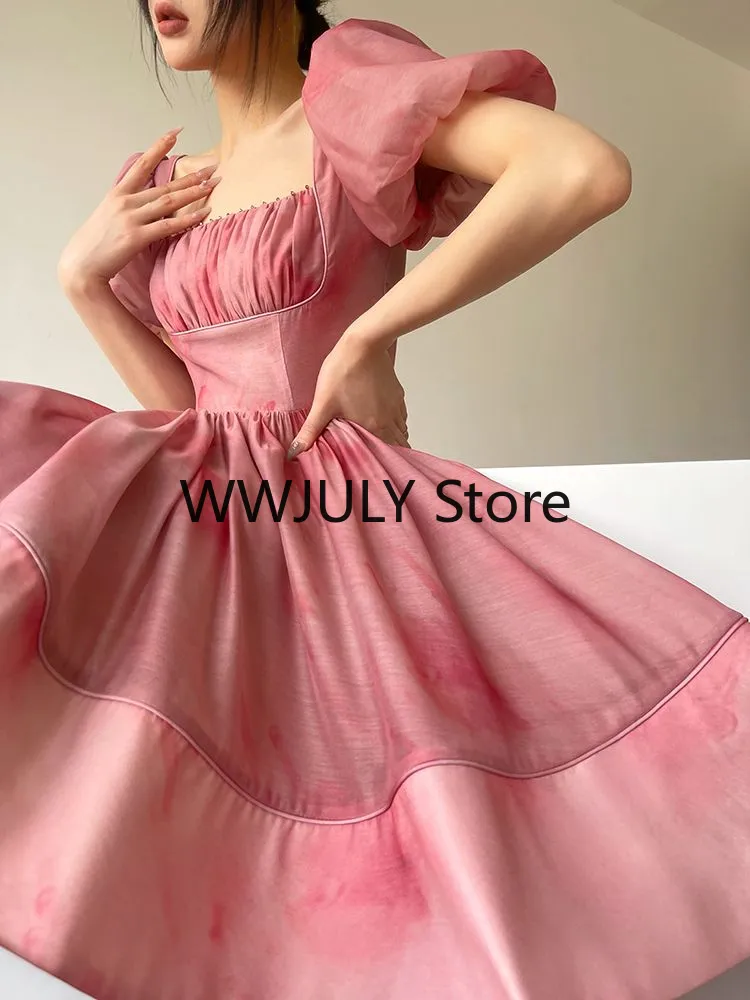 Joskka Short Sleeves Elegant Dress for Women  Fashion Fairy Square Collar Y2k Mini Dress Party Beach Style High Waisted Dress Chic - Deanwangkt