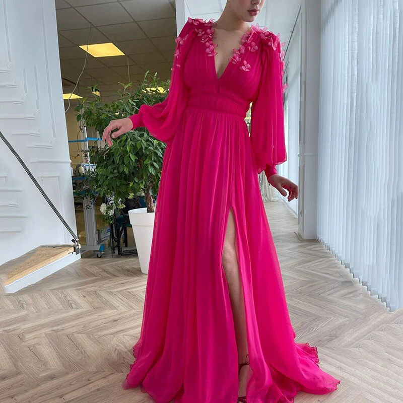 Chiffon Prom Dress  A-Line V-Neck Long Puffy Sleeves Butterfly Evening Gowns Saudi Arabia Custom Made Evening Dress - Deanwangkt