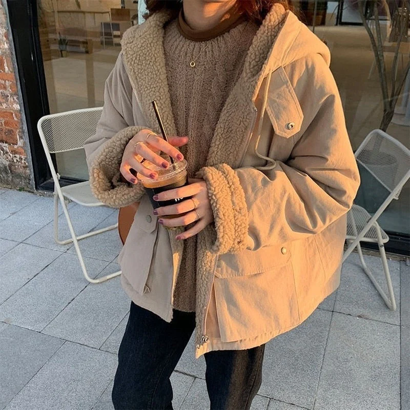 deanwangkt Women Oversized Parkas Hooded Thick Coat Ladies Soft Kawaii Jackets Double Sided Outerwear Autumn Winter Warm Long Sleeve Tops - Deanwangkt