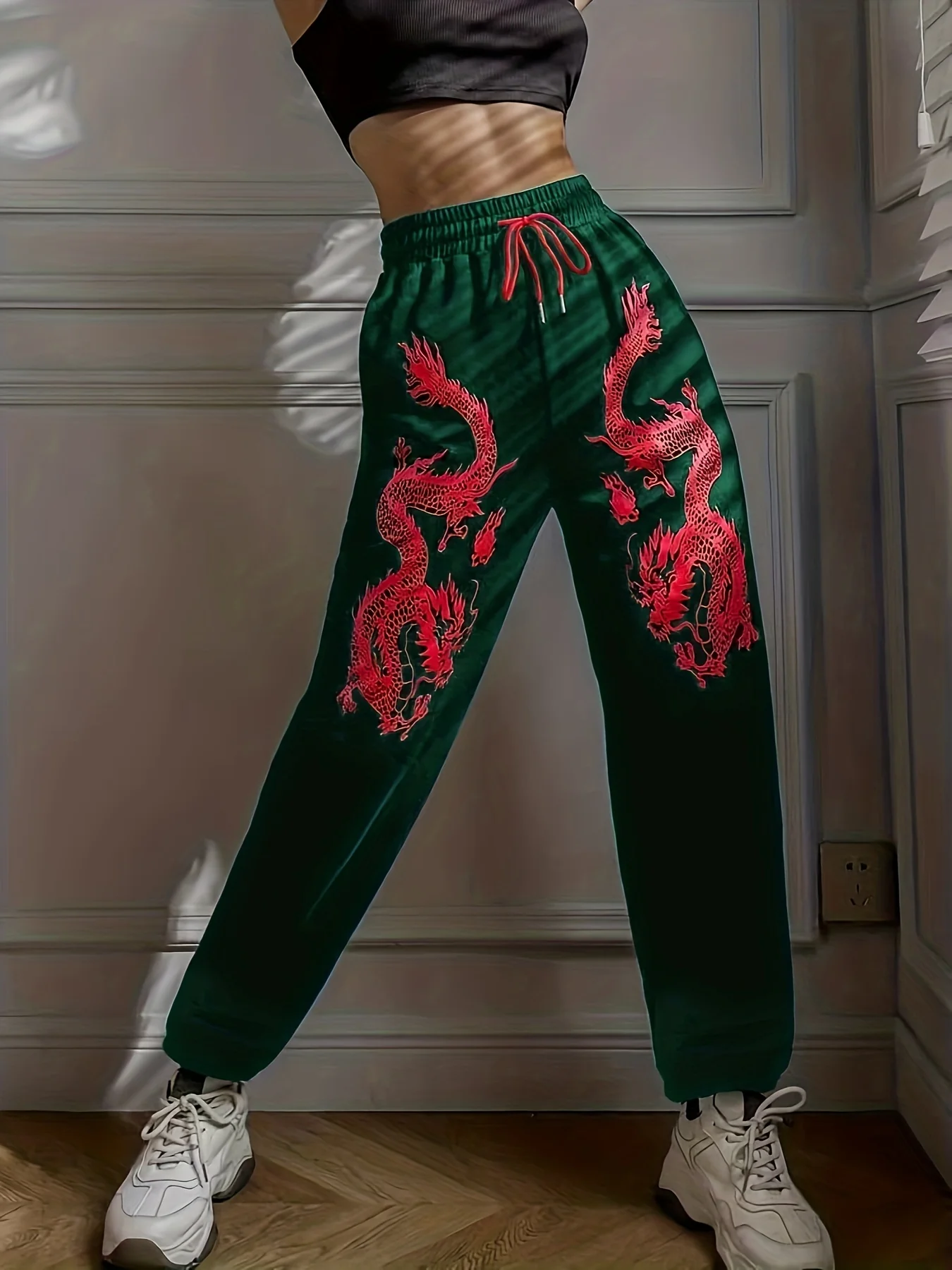 deanwangkt-1  Dragon Print Drawstring Waist Sweatpants, Casual Pants For Spring & Fall, Women's Clothing - Deanwangkt