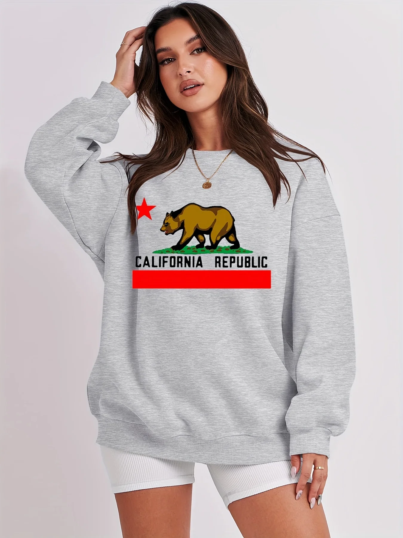 California Republic Print Sweatshirt, Casual Long Sleeve Crew Neck Sweatshirt, Women's Clothing - Deanwangkt