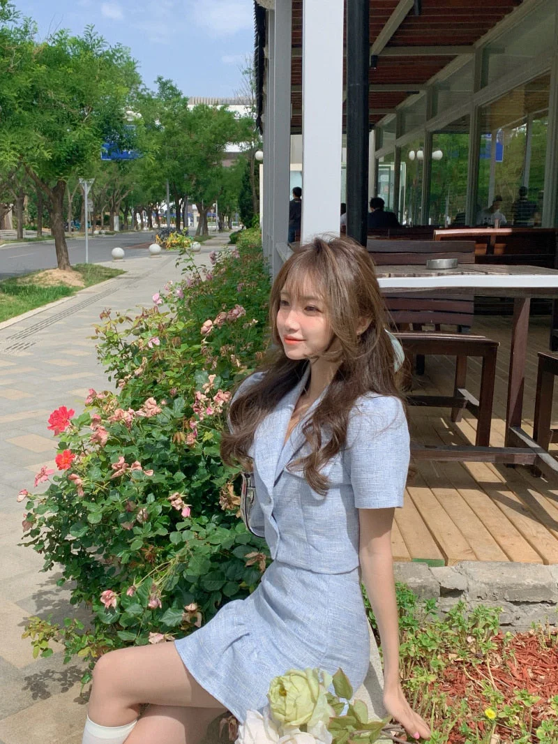 deanwangkt High Quality New Summer Fashion Korean Sweet Elegant 2 Piece Set Women Crop Top Shirt Blouse Mini Skirt Suits Two Piece Outfits - Deanwangkt