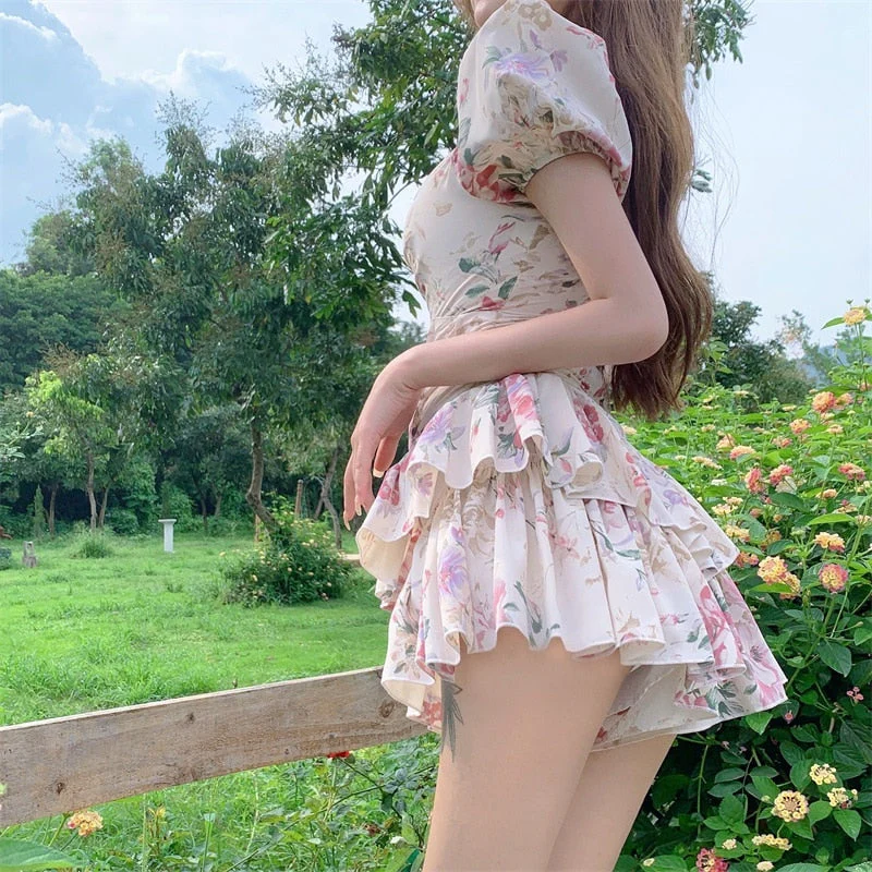 deanwangkt  Summer French Romantic Floral Mini Romper Square Collar Flowers Printed Chiffon Tiered Playsuit Cute Kawaii Feminine Romper  Fairy Dress - Deanwangkt
