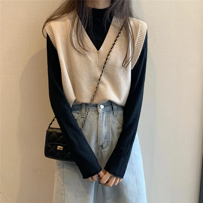 deanwangkt Women's Knitted Vest Simple Solid Sleeveless Pullover Autumn Winter Korean V Neck Loose Sweater Vest Female Waistcoat Chic Tops - Deanwangkt