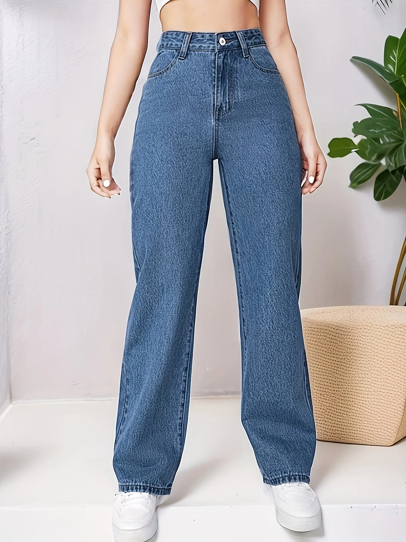 Blue Loose Fit Straight Jeans, High Waist Non-Stretch Slash Pockets Denim Pants, Women's Denim Jeans & Clothing - Deanwangkt