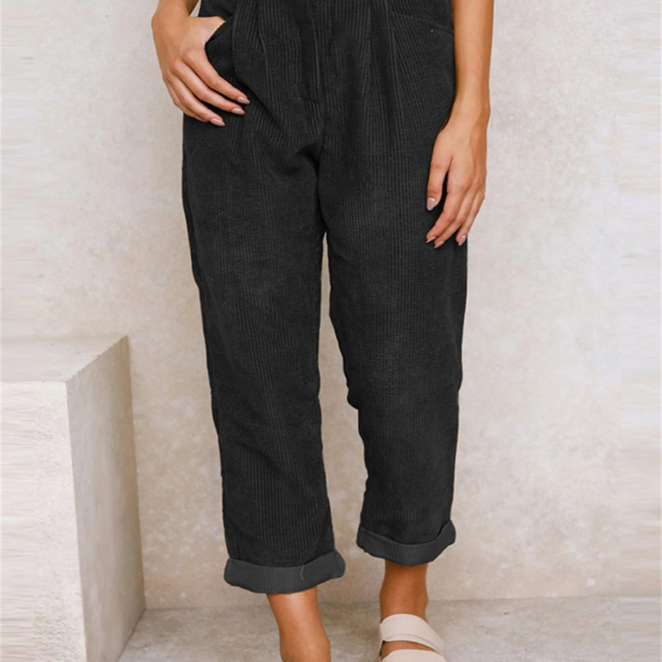 Corduroy Straight Leg Pants, Solid High Waist Slant Pocket Pants, Casual Every Day Pants, Women's Clothing - Deanwangkt