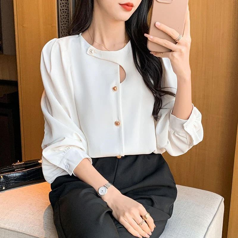 deanwangkt Casual Hollow Shirt Elegant Office Lady Tops Autumn Long Sleeve Blouse Fashion Chic Round Collar Solid Loose Women Clothes - Deanwangkt