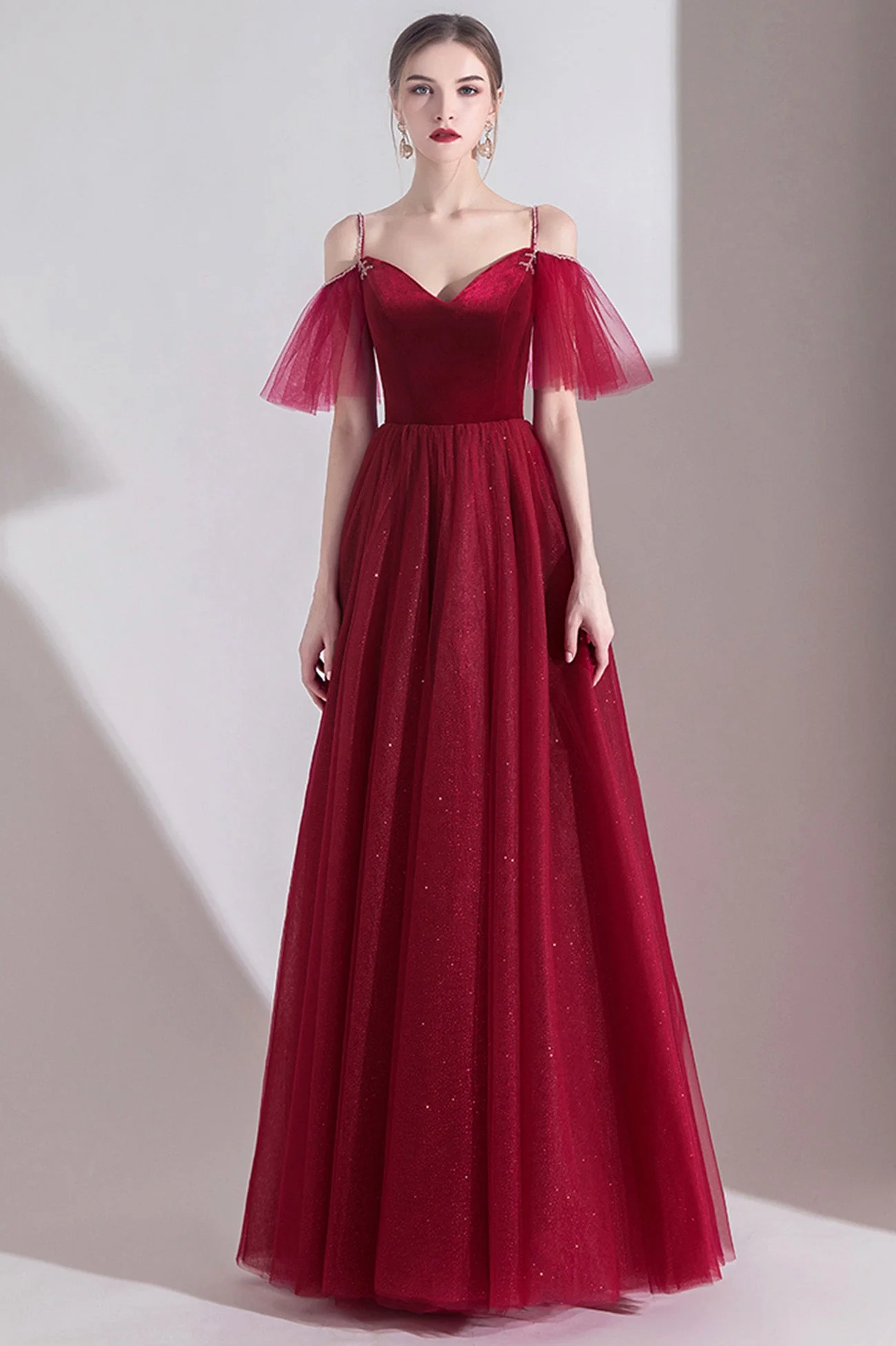 solvbao Burgundy Velvet Tulle Long A-Line Prom Dresses, Simple Evening Dresses - Deanwangkt