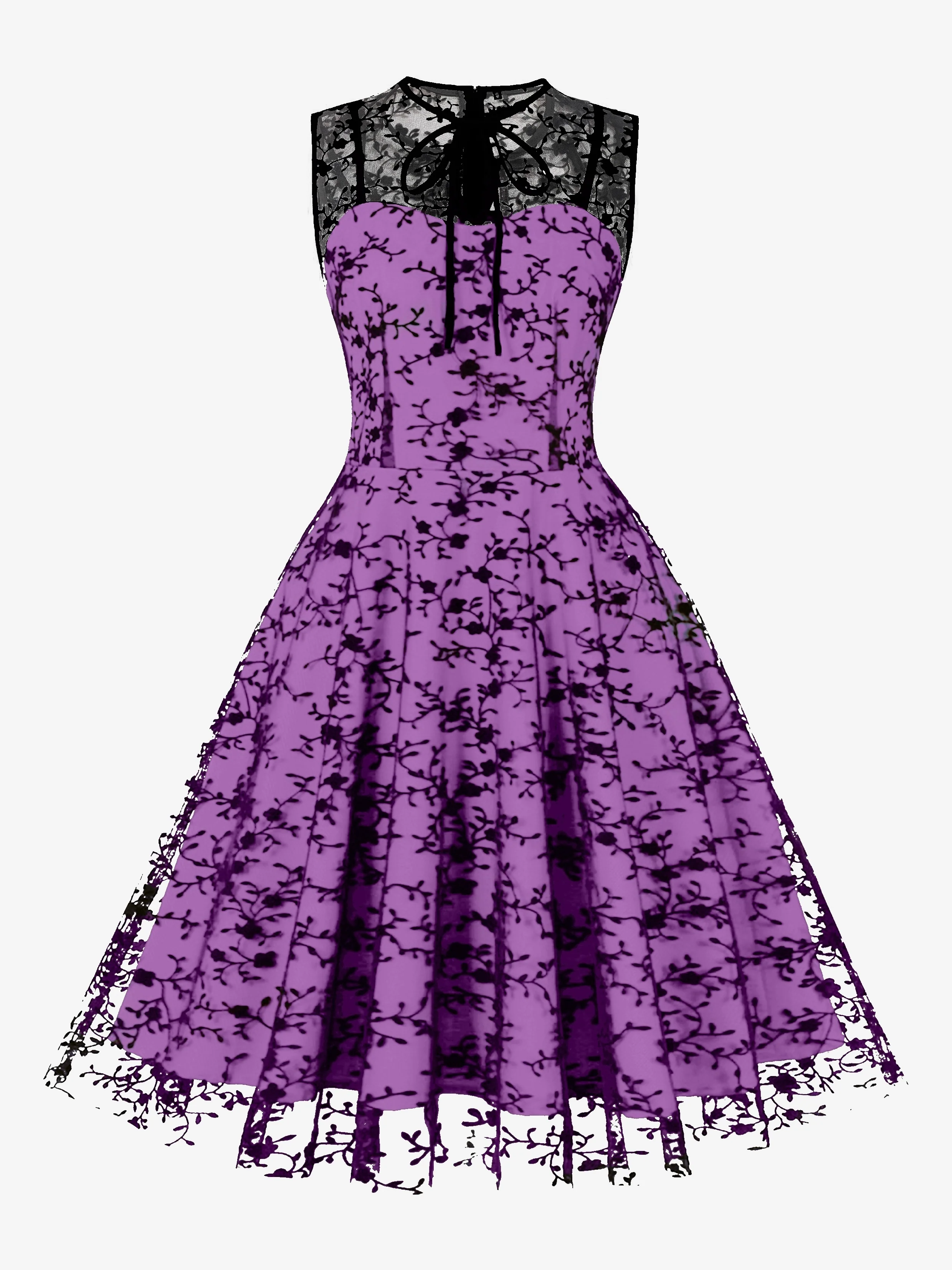 Gothic Contrast Mesh Sleeveless Dress, Elegant Bow Tie Pleated Dress, Women's Clothing - Deanwangkt