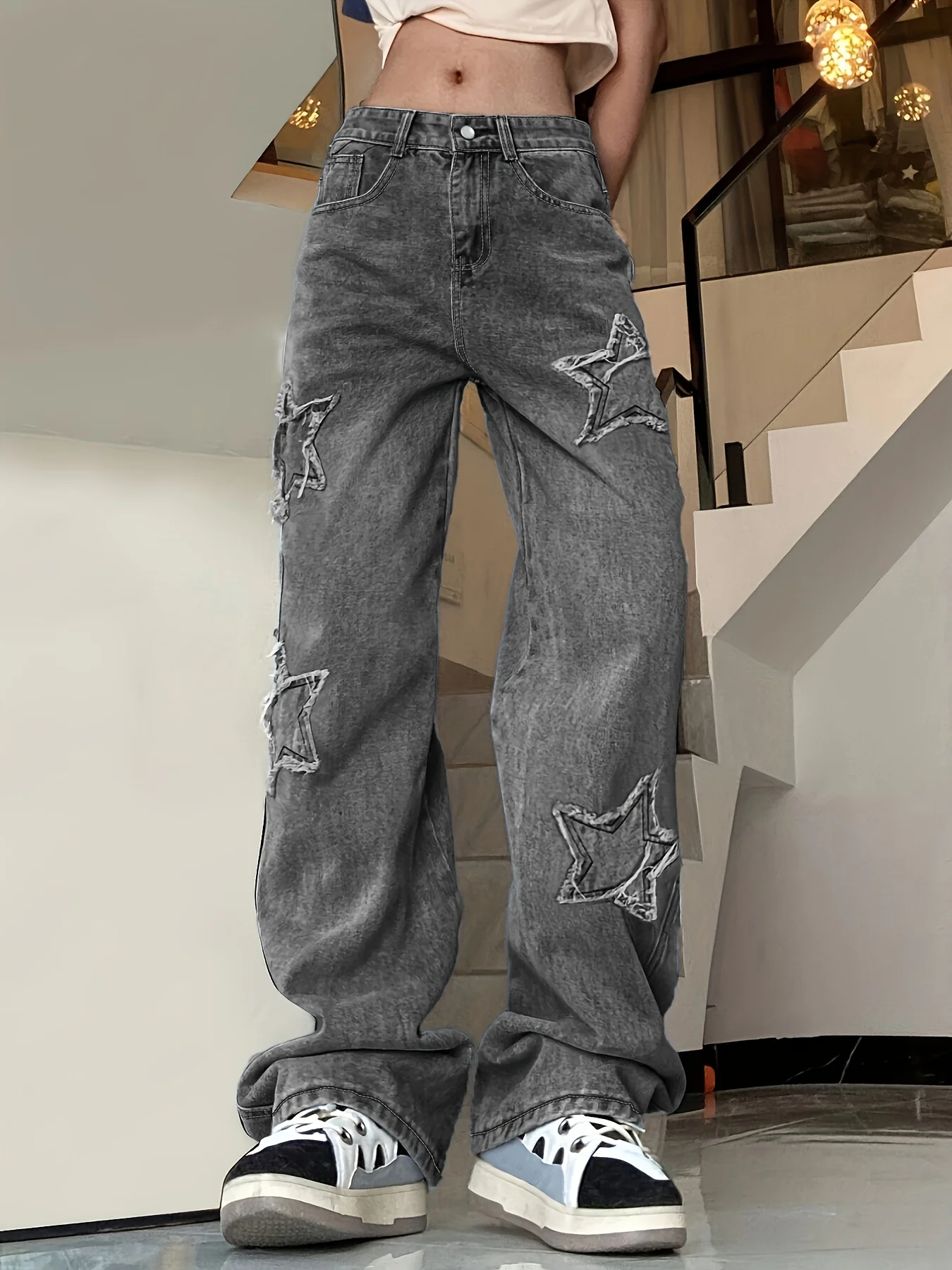 Blue Star Shape Patchwork Straight Jeans, Loose Fit Slant Pockets Non-Stretch Denim Pants, Women's Denim Jeans & Clothing - Deanwangkt