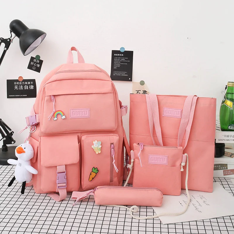 deanwangkt 4-piece Set Of Harajuku Style Fashion Women's Backpack Canvas Waterproof School Backpacks Large-capacity All-match Travel Bag - Deanwangkt