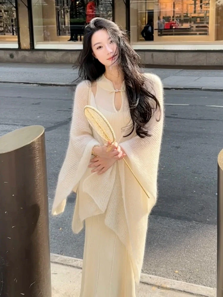 deanwangkt  Autumn Elegant Knitted Dress Suits Women Casual Korean Style Party 2 Piece Dress Set Office Lady Sweater Coats + Midi Dress - Deanwangkt