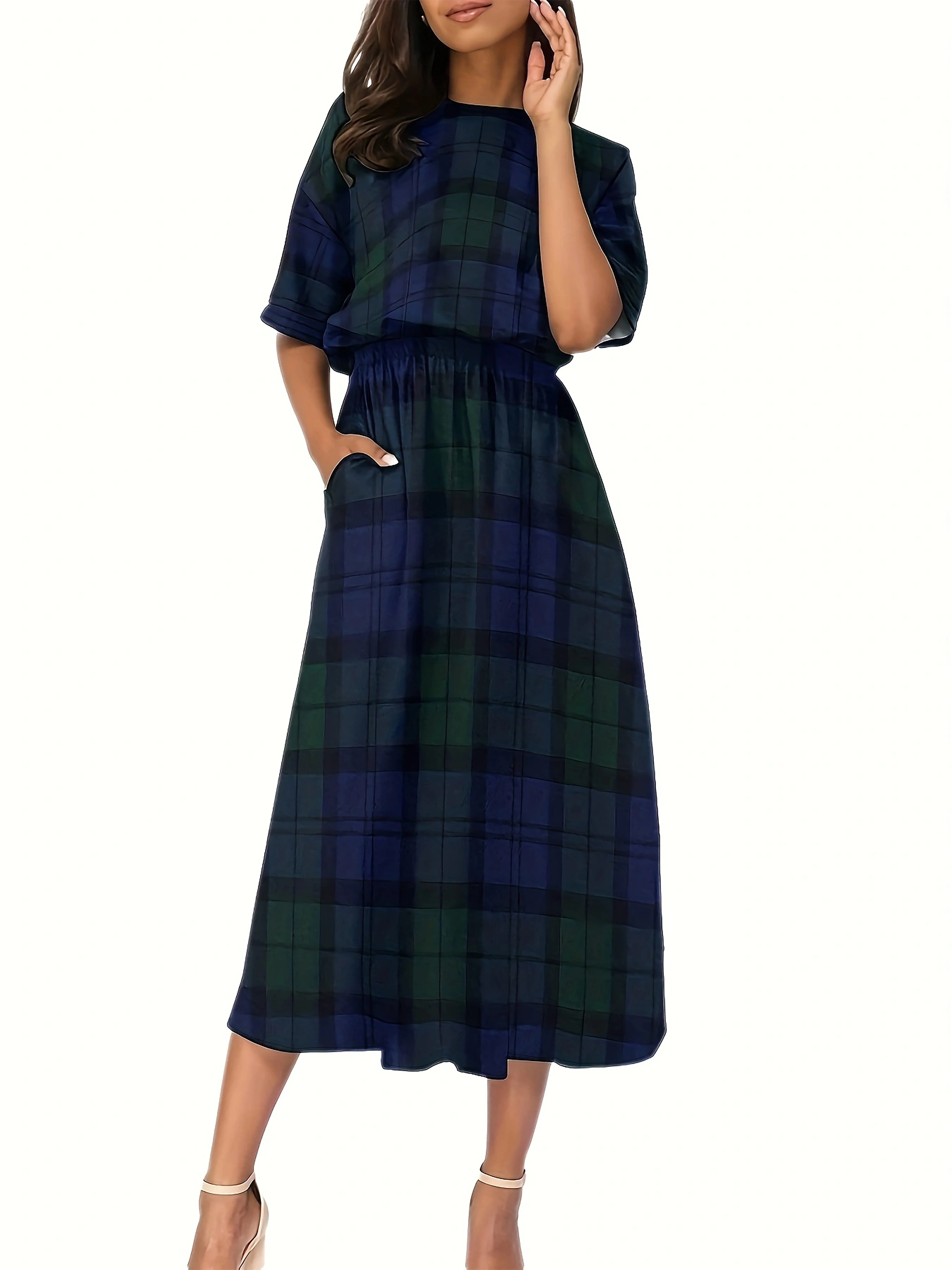 deanwangkt-1  Plaid Print Midi Dress, Elegant Crew Neck Half Sleeve Dress, Women's Clothing - Deanwangkt