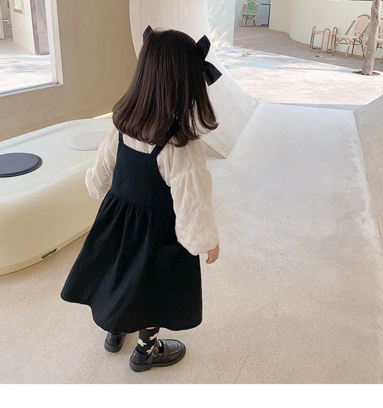deanwangkt Girls spring fashion white blouse and black overalls dress Kids all-match Outfits 2pcs sets - Deanwangkt