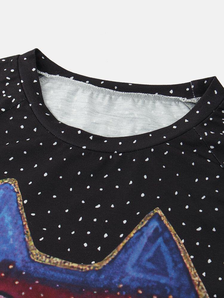 deanwangkt Women Cartoon Cat Spot Print Round Neck Casual Raglan Sleeve Blouses - Deanwangkt