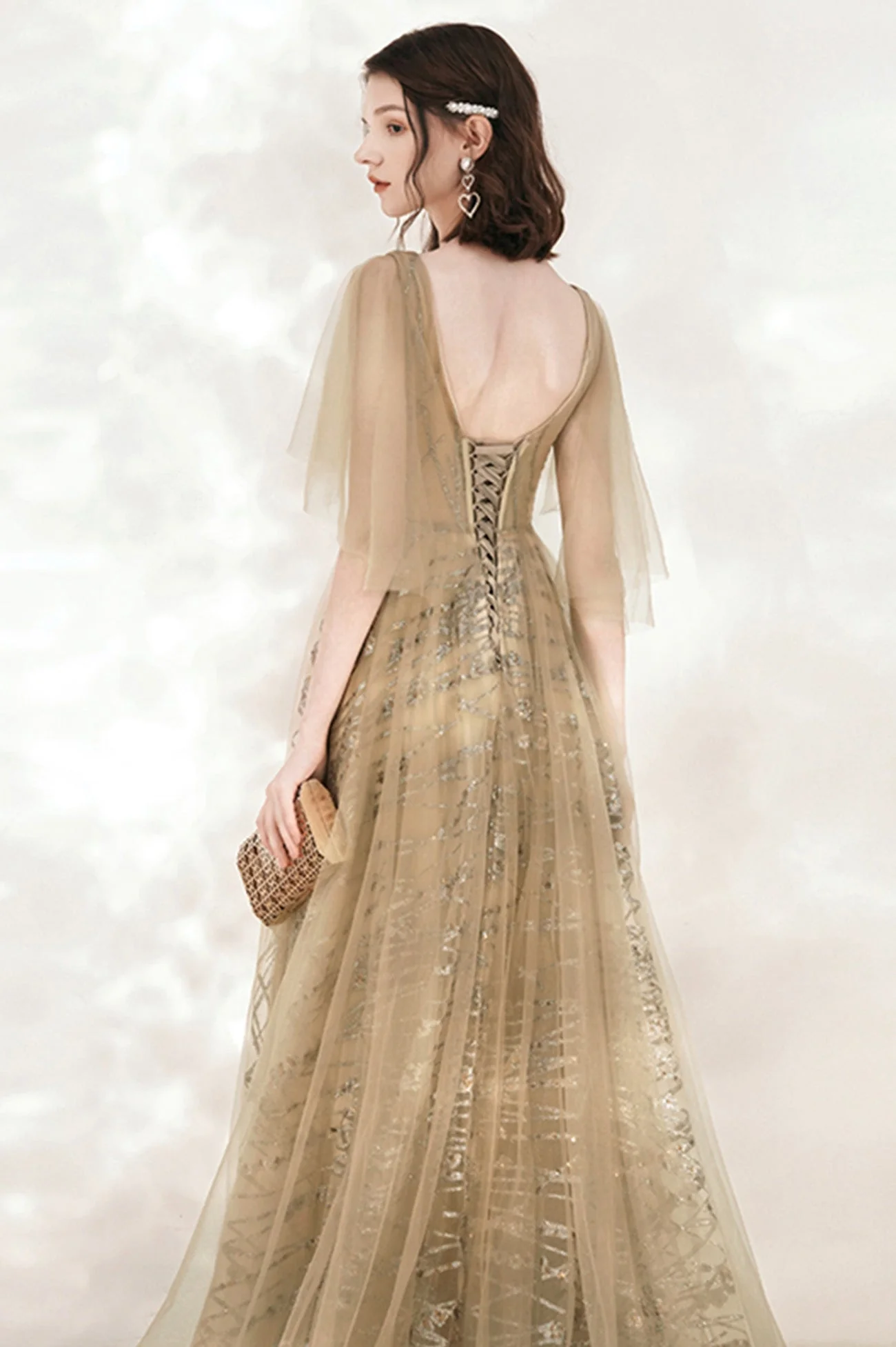 solvbao A-Line Tulle Beading Long Prom Dresses, V-Neck Evening Dresses - Deanwangkt