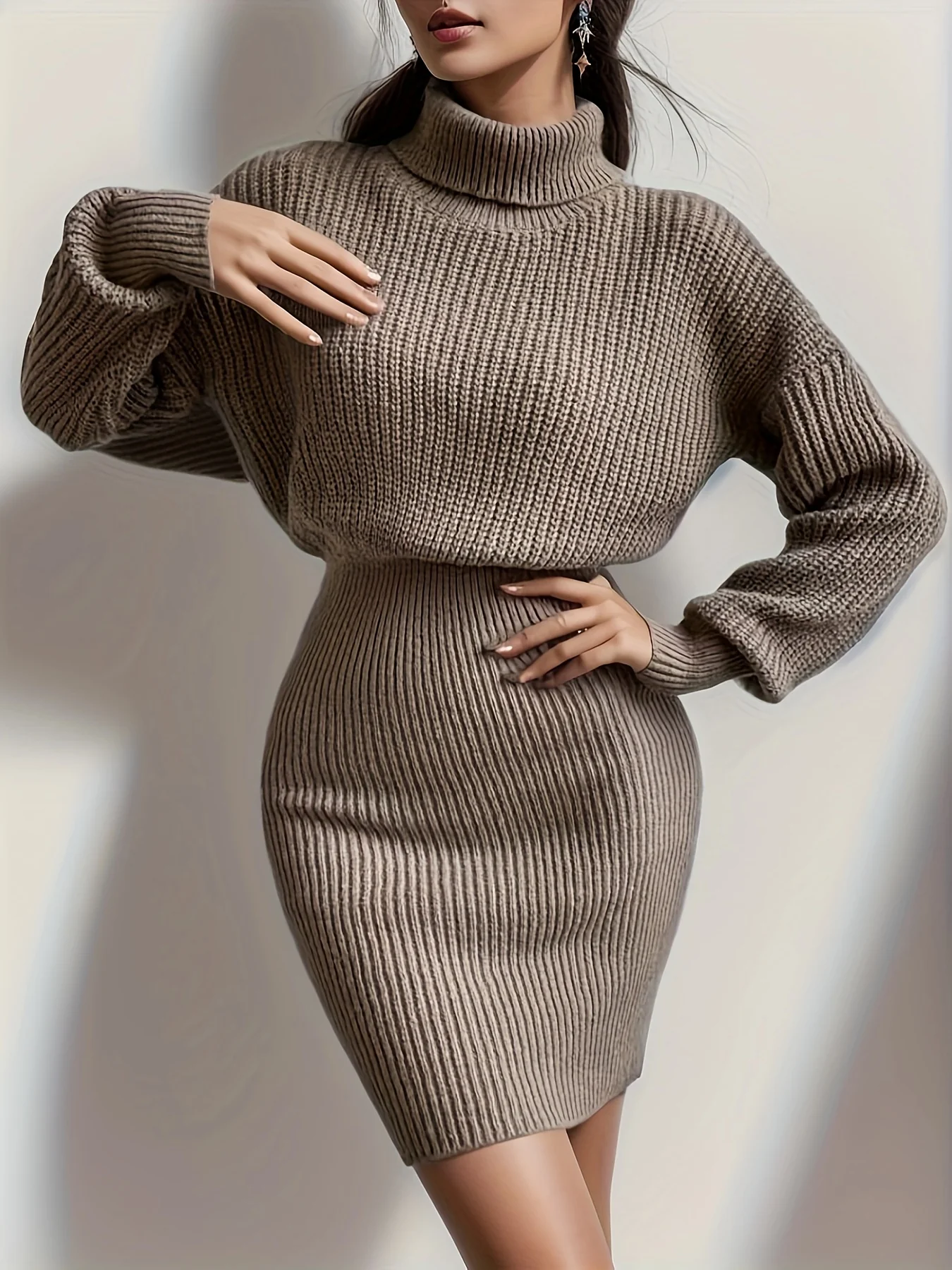 Turtleneck Sweater Dress, Casual Solid Long Sleeve Bodycon Dress, Women's Clothing - Deanwangkt