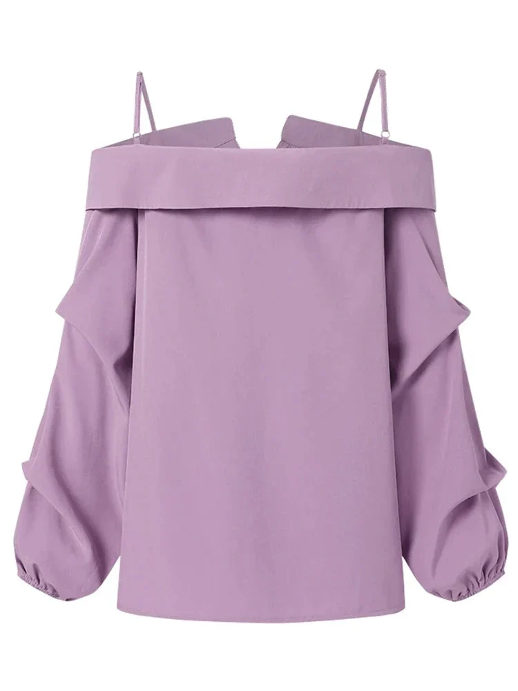 deanwangkt Fashion Shirts Women Sexy Off Shoulder Blouse Summer Casual Straps Button Tops Long Sleeve Pleated Solid Loose Tunic - Deanwangkt