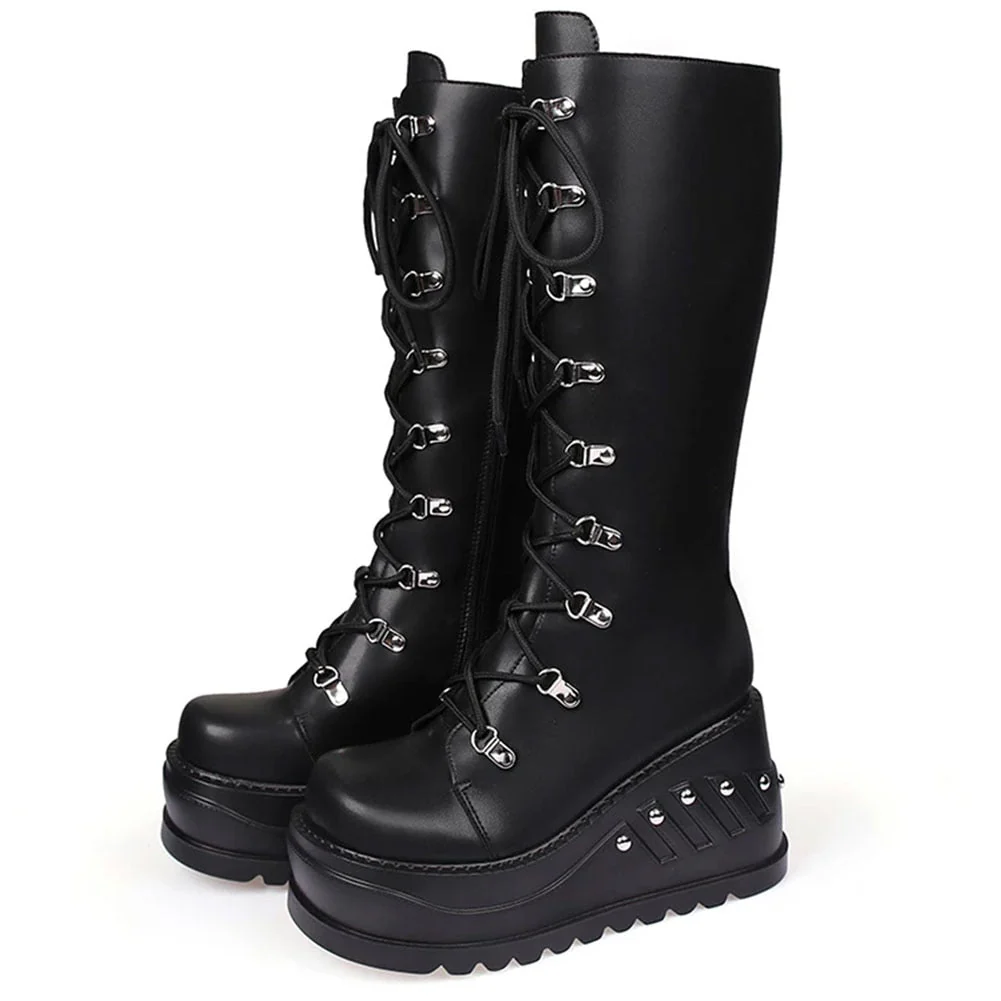 DEANWANGKT  Band Goth Platform Wedges Punk Chunky Mid Calf Boots Women Thick Heel Autumn Trendy Cosplay Casual Shoes Women - Deanwangkt