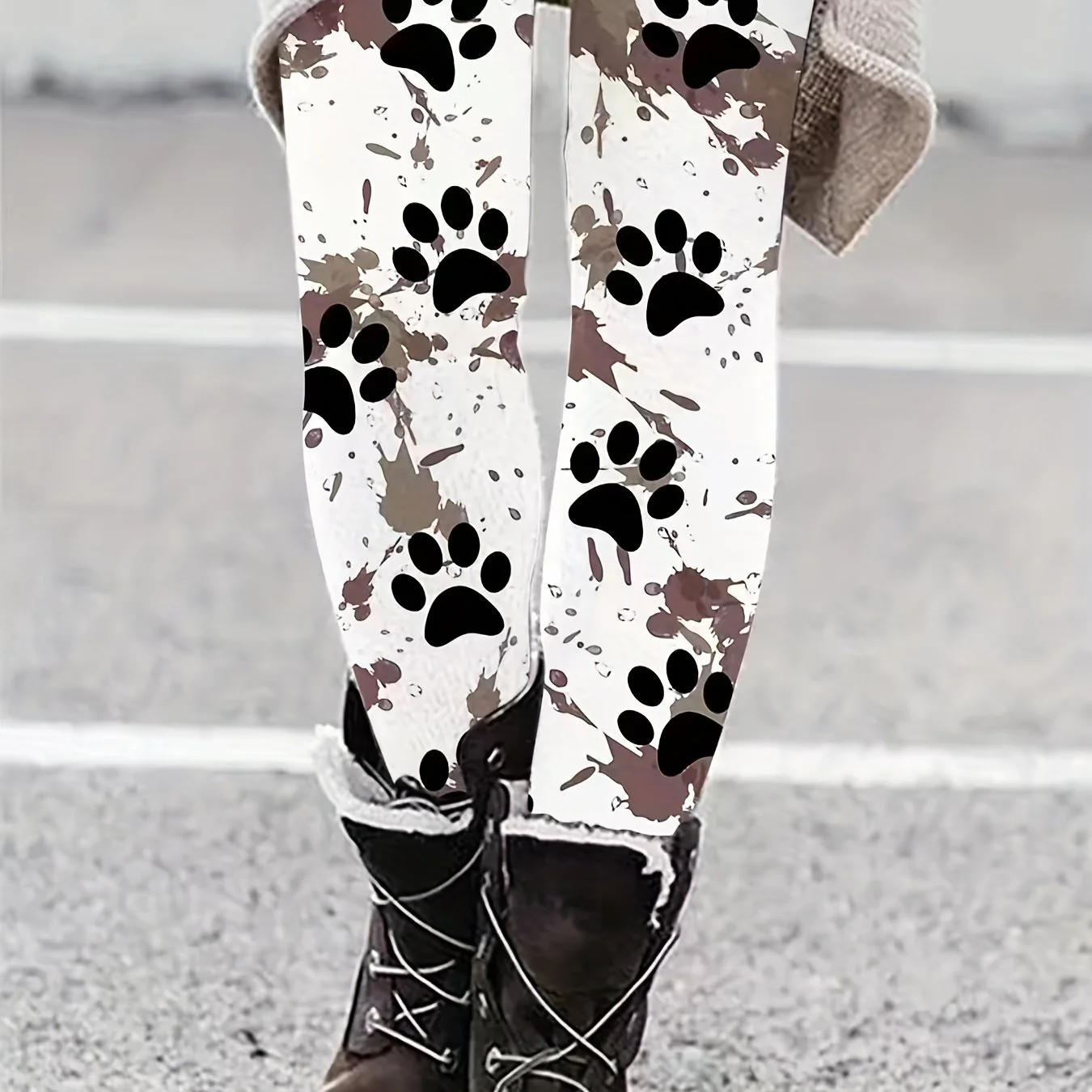 Plus Size Casual Pants, Women's Plus Paw & Splash Print Medium Stretch Leggings - Deanwangkt