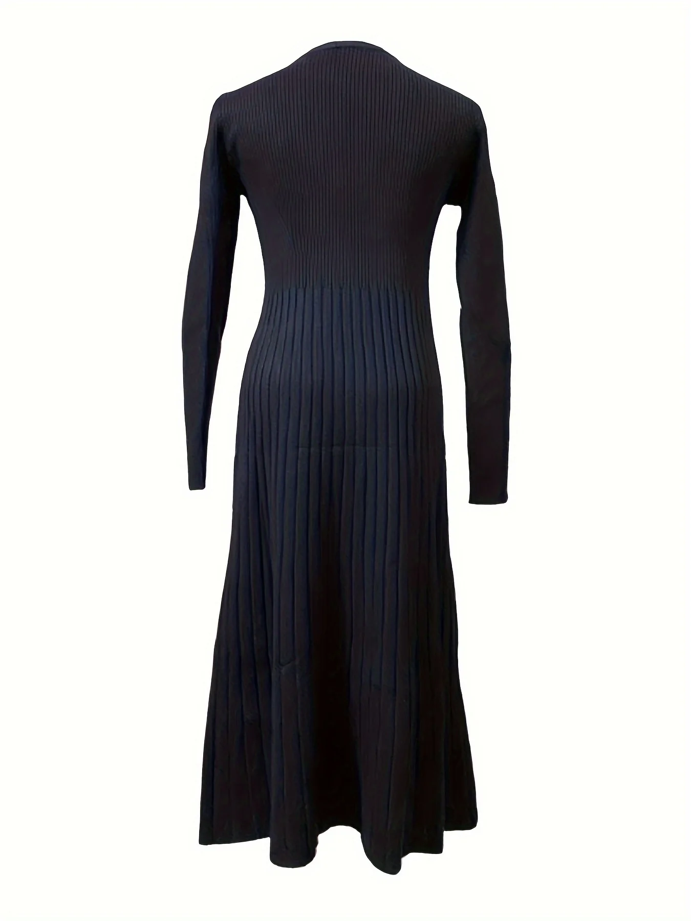 Ribbed Solid Midi Dress, Elegant Crew Neck Long Sleeve Dress, Women's Clothing - Deanwangkt
