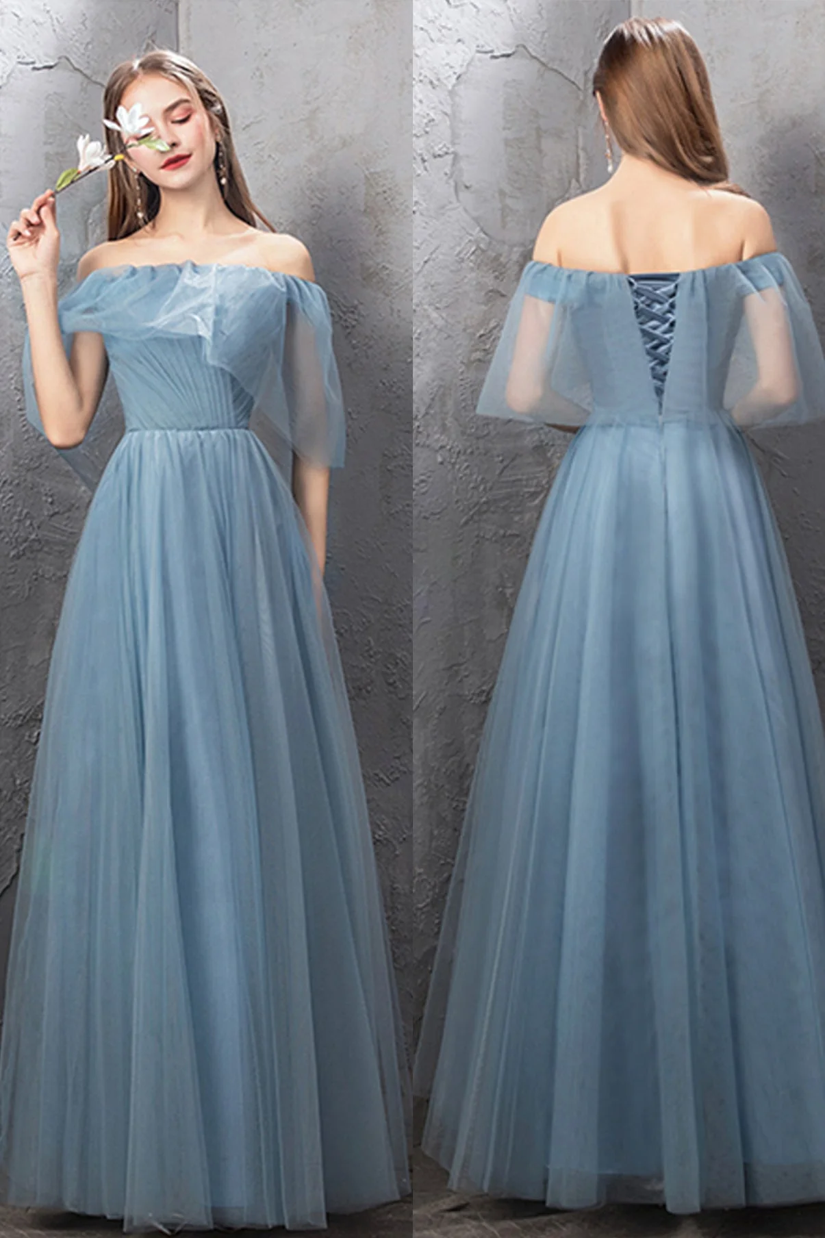 solvbao Blue Tulle Long Prom Dresses, A-Line Simple Evening Dresses - Deanwangkt