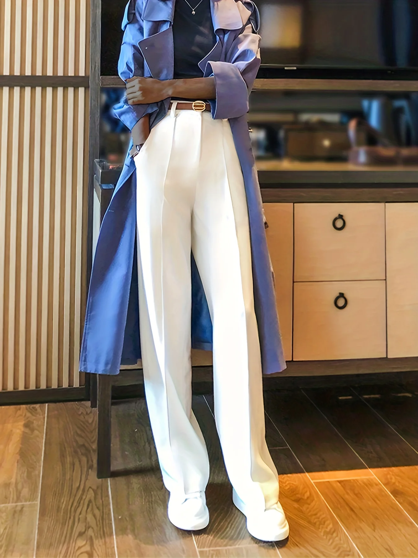 deanwangkt-1  Solid High Waist Pants, Elegant Wide Leg Slant Pockets Pants, Women's Clothing - Deanwangkt