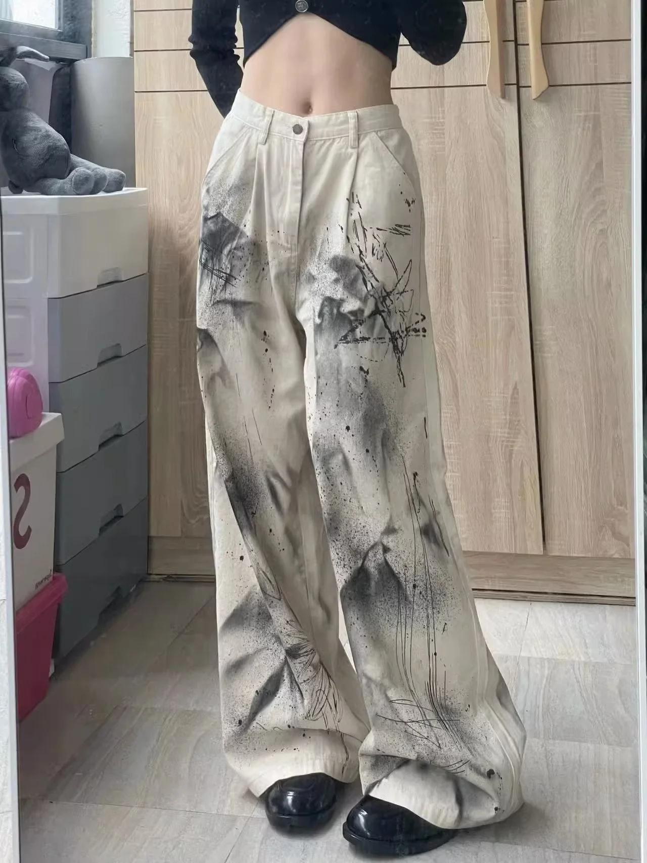 deanwangkt Original Speckler Artist Ink Graffiti Straight Tube Women's Jeans Loose Straight Tube Wide Leg Pants Casual Pants - Deanwangkt