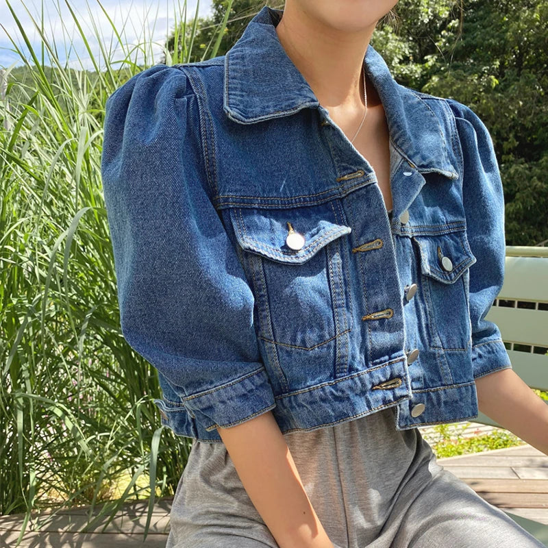 deanwangkt Crop Denim Jacket Women Puff Sleeve Summer Street Korean Fashion Designer Short Blue Jean Coat Ladies Outerwear - Deanwangkt