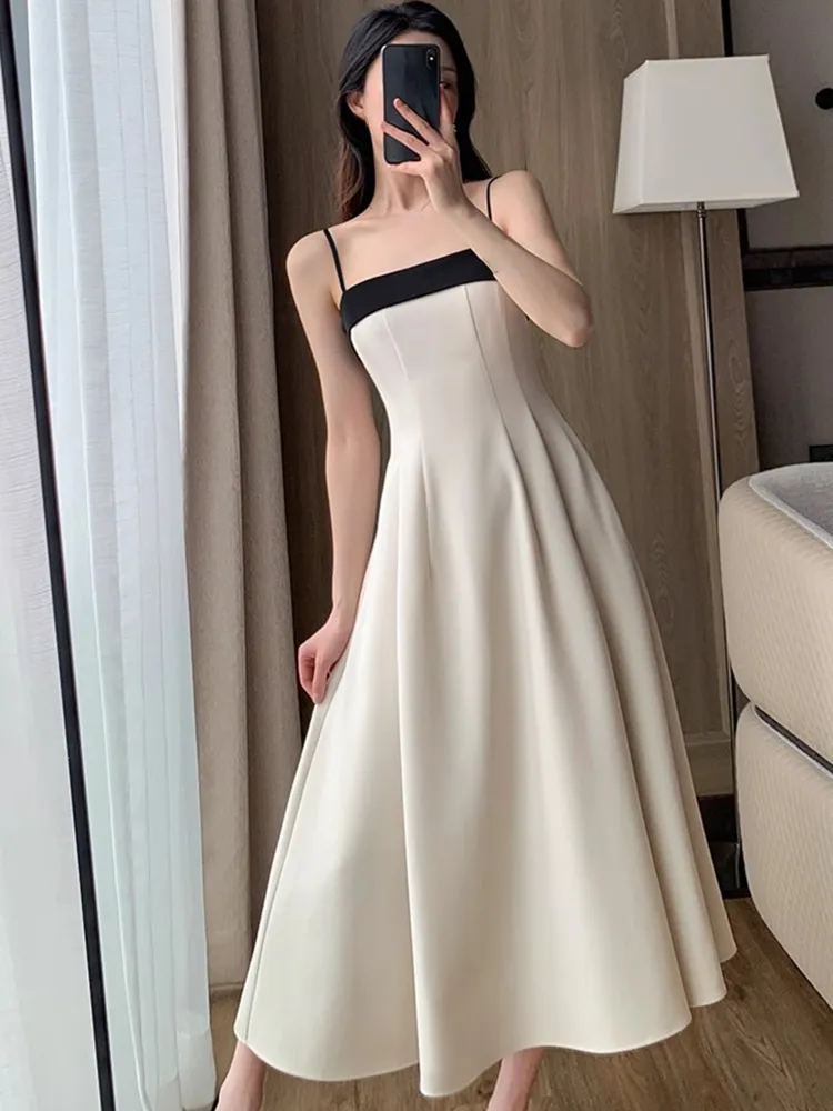 Joskka  Summer New Elegant Strap Midi Dress Women Vintage One Piece Dress Korean Fashion Sexy Party Vestidos Female Clothing Slim - Deanwangkt
