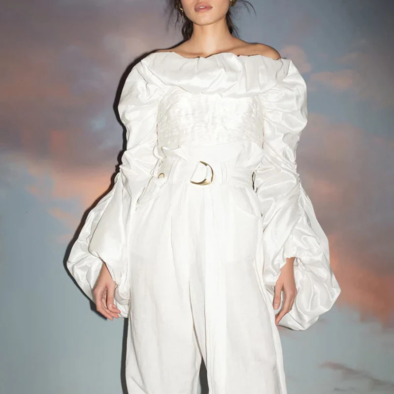 deanwangkt Ruched Ruffles Blouses Womens Slash Neck Lantern Long Sleeve Slim Short Shirts For Female Fashion Clothes  New - Deanwangkt