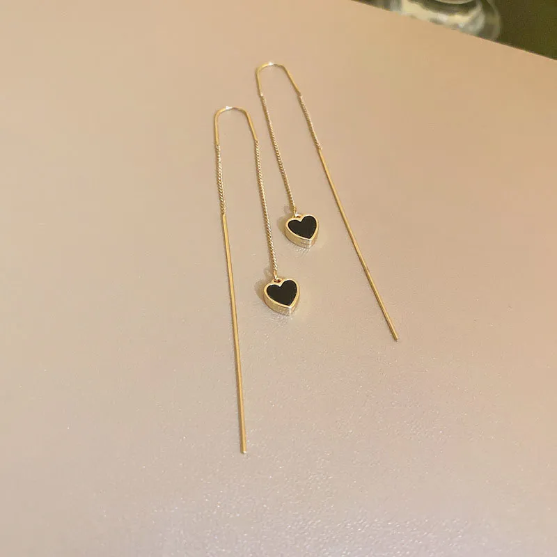 deanwangkt Black Heart Ear Line Long Hanging Earrings for Women Gold Color Ear Wire Piercing Earring Accessories Jewelry - Deanwangkt