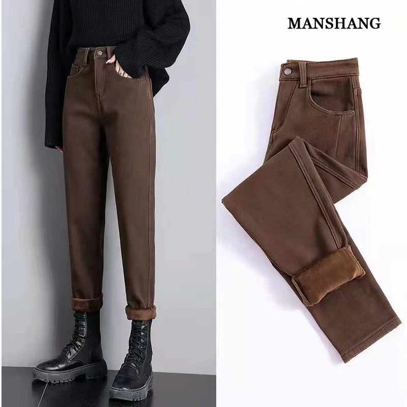 Winter fleece thick jeans women high-waist stretch slim straight Casual cargo Haren pants autumn women's fleece warm denim pants - Deanwangkt